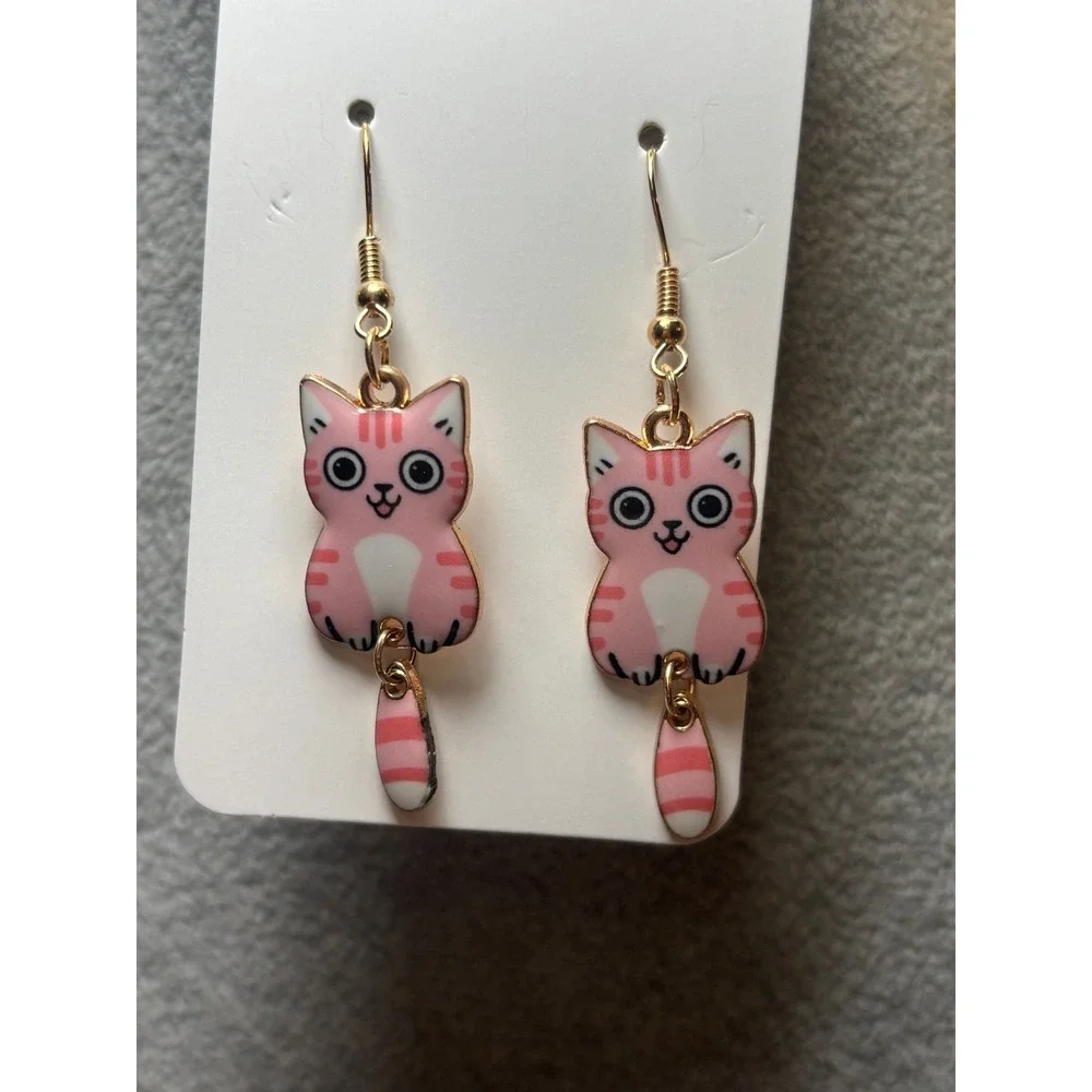 #49. Swinging Tabby Pink Cat Tail Earrings
